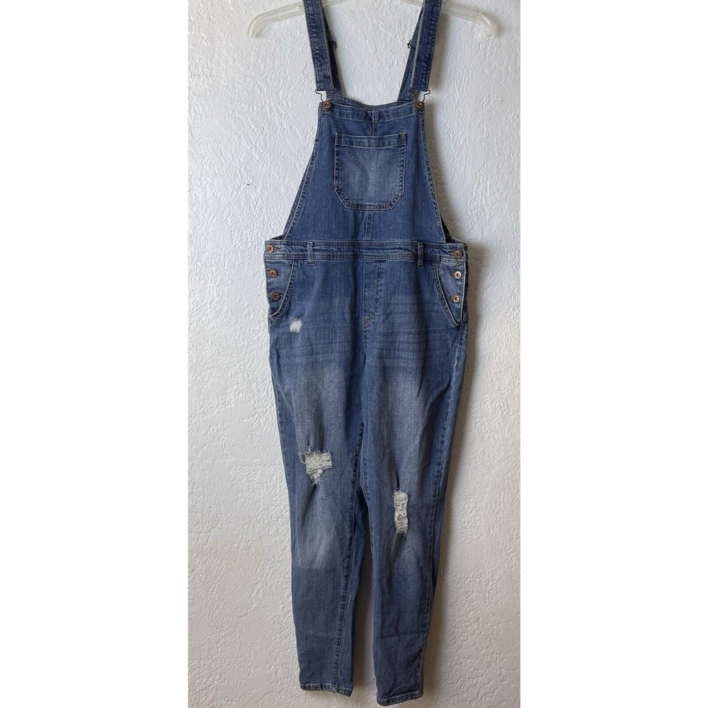 True Craft Size 15 Juniors Blue Distressed Denim Skinny Bib Overalls Gardening